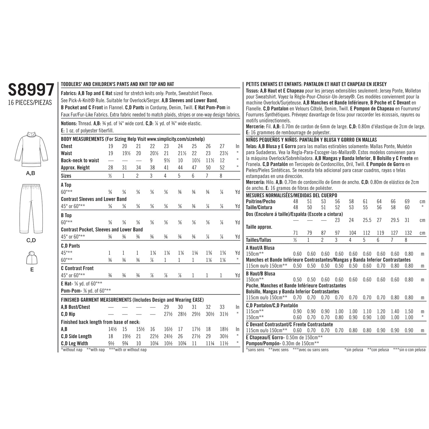 Simplicity S8997 Toddlersand Children's Pants, Knit Top and Hat - Sewing Pattern