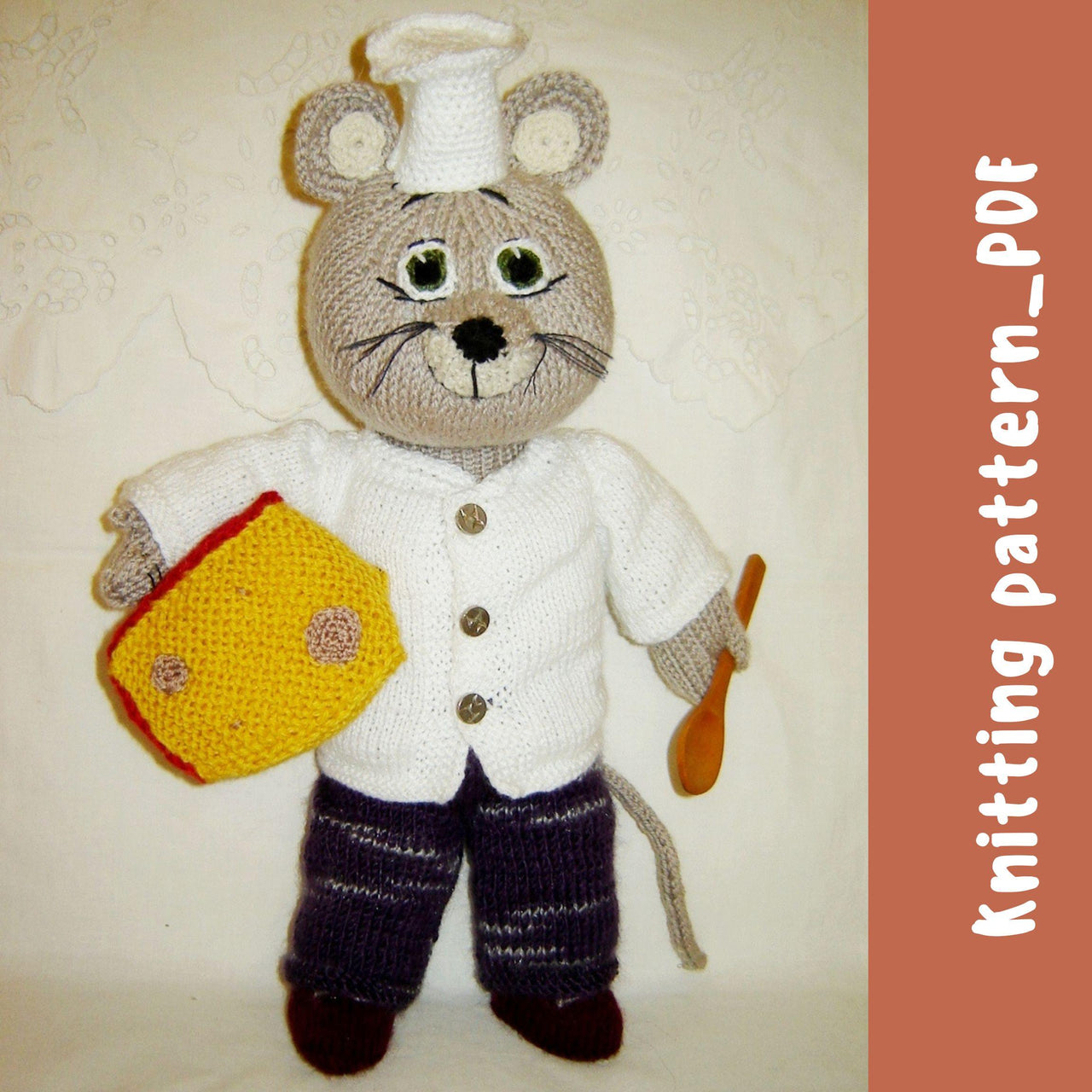 Knitting Pattern – Mouse Chef Toy  Soft Toy with Clothes and Cheese – Intermediate Level DIY Tutorial
