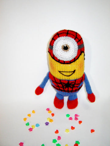 Toy Knitting Patterns -Knitted Spider Minion small soft toys for boys
