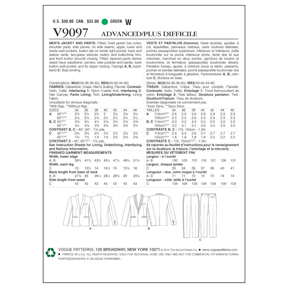 Vogue Men's Jacket and Pants V9097 - Sewing Pattern