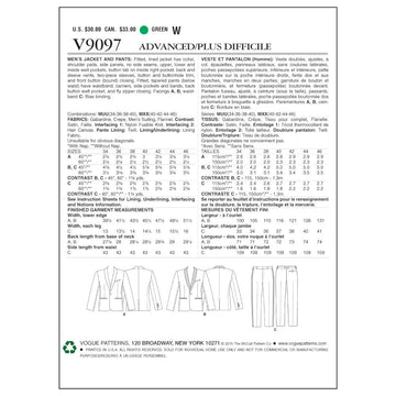 Vogue Men's Jacket and Pants V9097 - Sewing Pattern