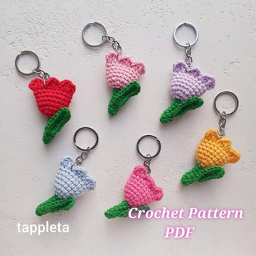Tulip key chain crochet pattern, Mini flower crochet, Mother day gift handmade, Wedding favors, Teen girl backpack charm cute purse acessory