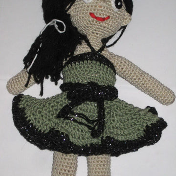 Crochet doll in olive green dress