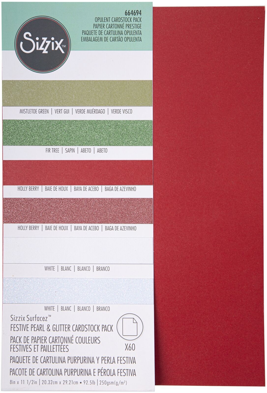 Sizzix Surfacez Pearl & Glitter Cardstock Pack 8"X11.5" - Festive, 60/Pkg
