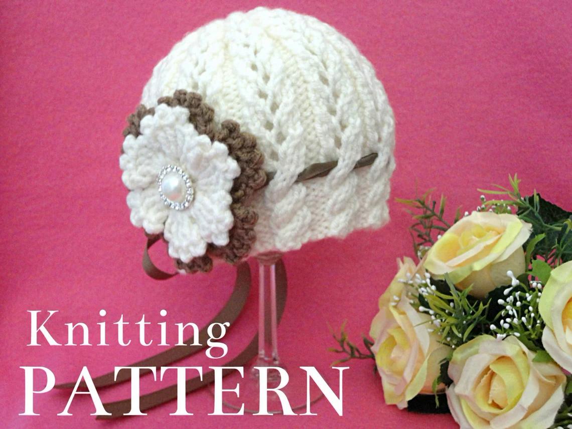 Pattern Knitted Baby Hat with Crochet Flower