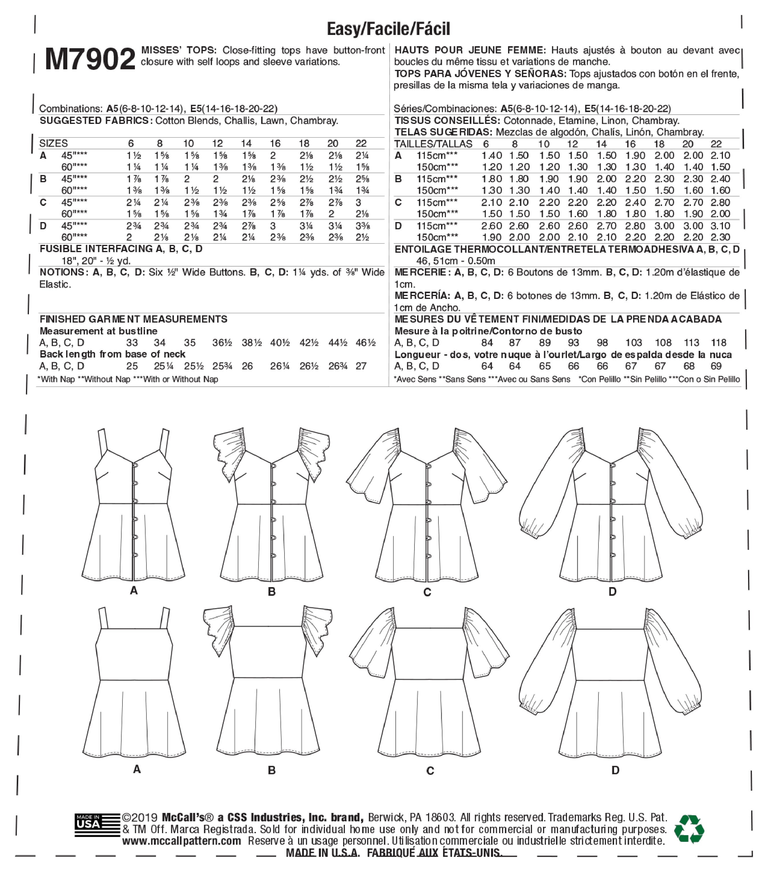 McCall's Misses' Tops M7902 - Sewing Pattern