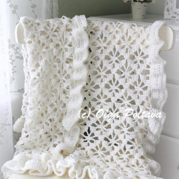 White Spider Lace Baby Blanket With Ruffled Trim