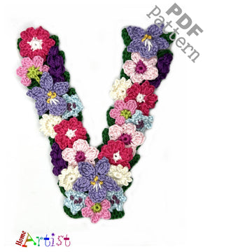 Floral letter V crochet applique pattern