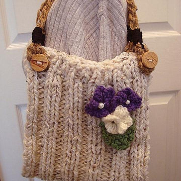 689P - Knitted Purse Handbag, Handles, Flower, and Leaf