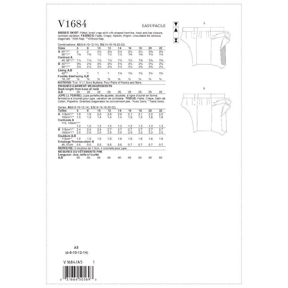 Vogue Misses' Skirt V1684 - Sewing Pattern