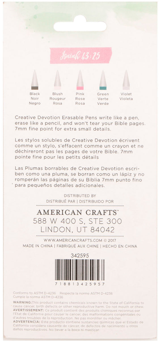 American Crafts Creative Devotion Erasable Fine Point Gel Pens 5/Pkg - Black, Blush, Pink, Green & Violet Ink