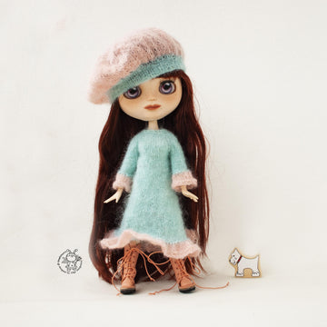 Mint and rose outfit for doll knitted flat