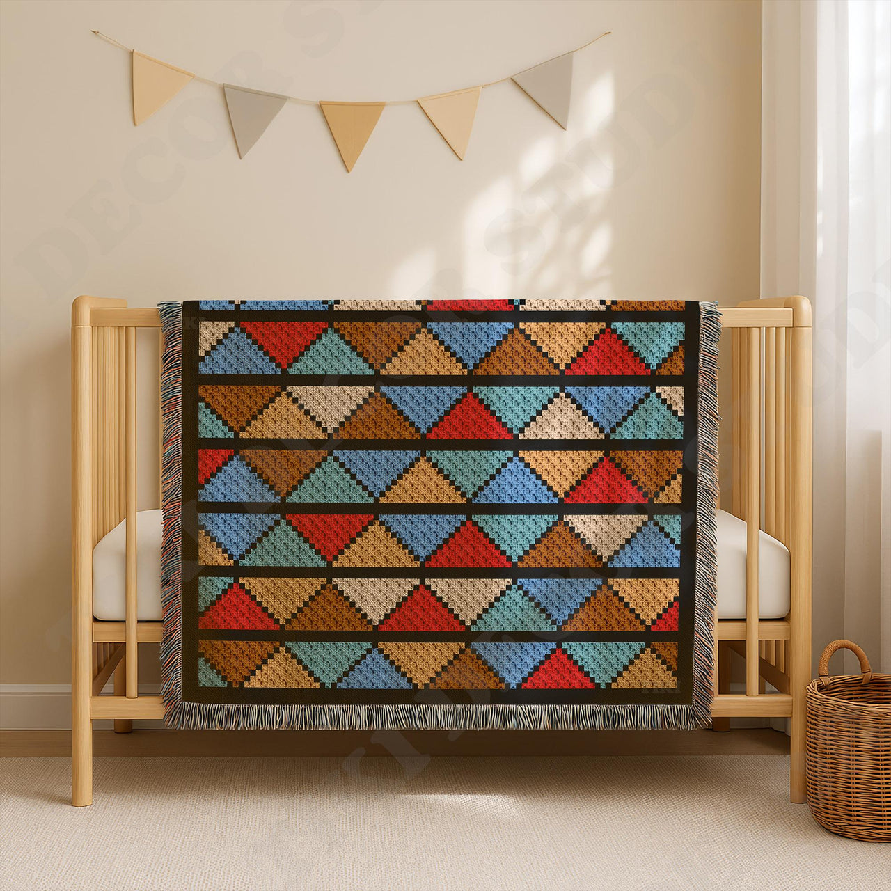 Bright Triangle Blanket 47×47 inches Colorwork Mosaic Stroller C2C CROCHET PATTERN