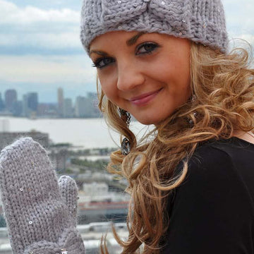 Snow Princess Girls and Adult Sequin Hat and Mitten Set with Bow Detail and iPhone Compatibility
