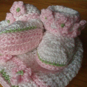 Rosy Posy Baby Booties and Hat
