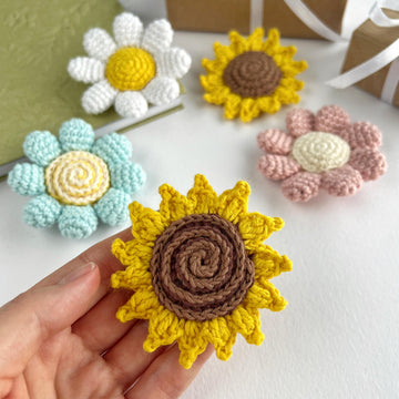No sew crochet Flower keychain pattern bundle, Daisy, Sunflower and Flower charm