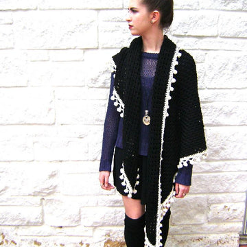 Midnight Granny Shawl with Pom Pom Fringe