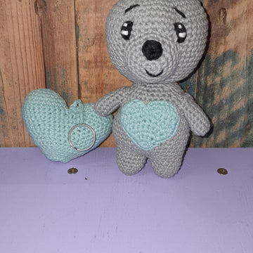 Crochet Teddy bear with heart patch onto stomach, heart keyring