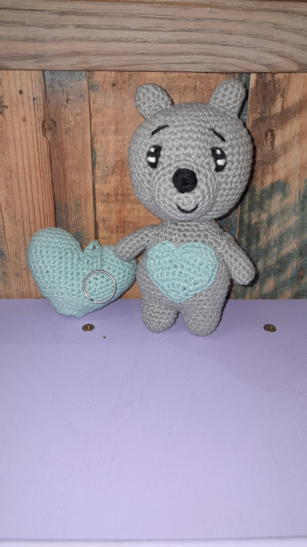 Crochet Teddy bear with heart patch onto stomach, heart keyring