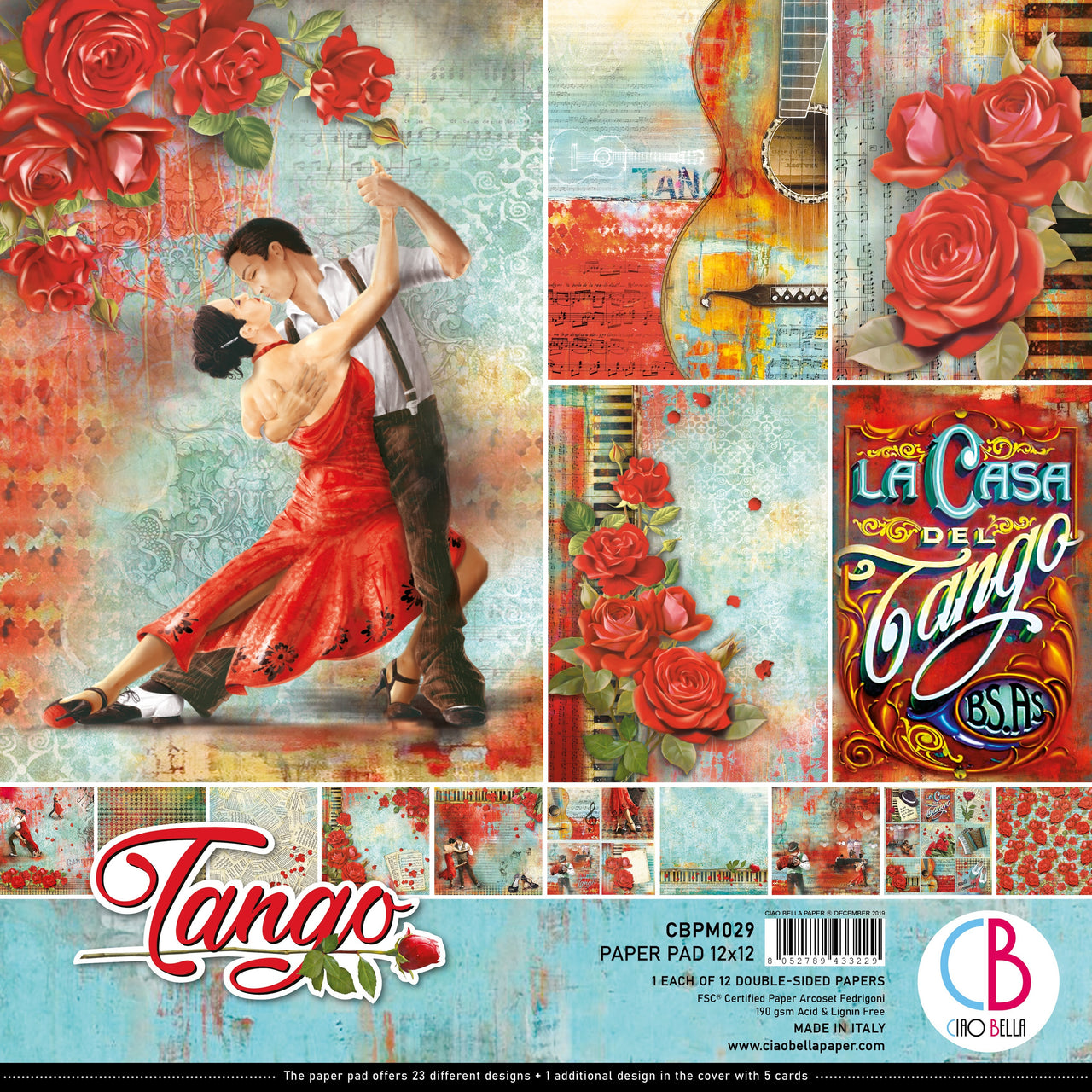 Ciao Bella Double-Sided Paper Pack 90lb 12"X12" 12/Pkg - Tango, 12 Designs/1 Each