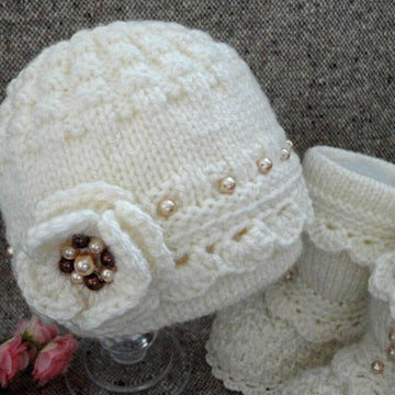 Knitted Baby Girl Hat with Crochet edging and Flower