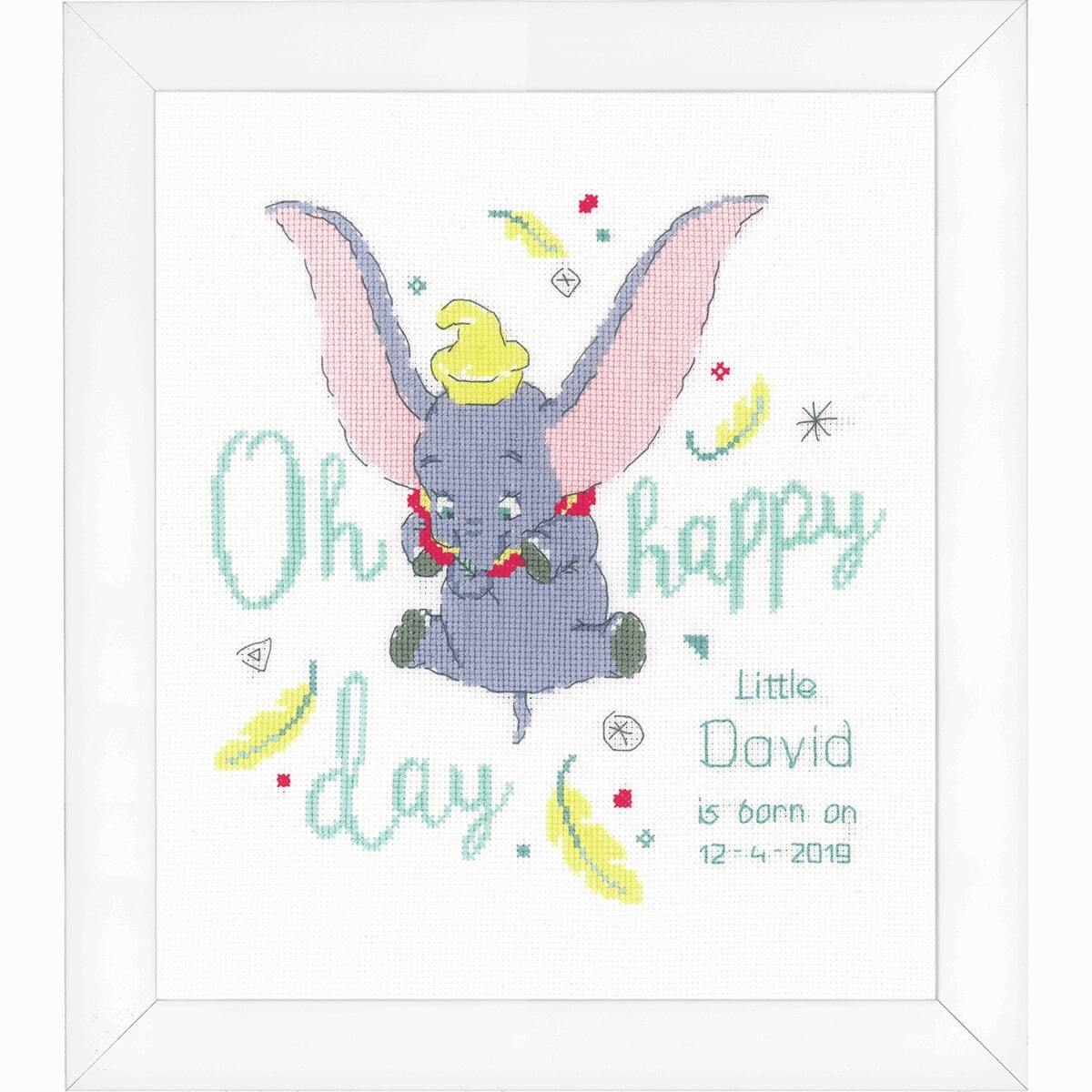 Vervaco Counted Cross Stitch Kit: Disney Dumbo Oh Happy Day Birth Record - 24 x 25cm