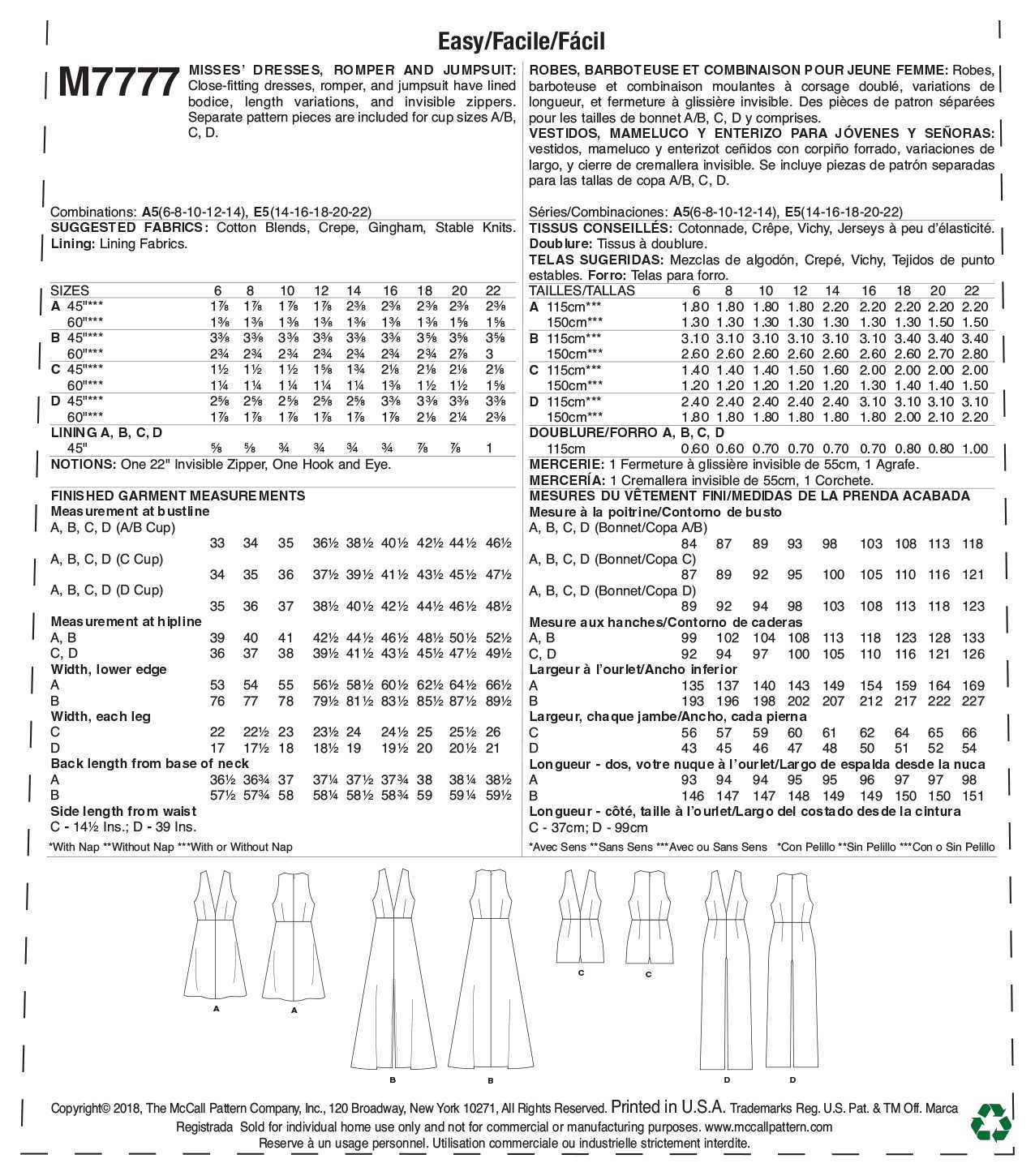 McCall's Misses' Dresses, Romper and Jumpsuit M7777 - Sewing Pattern