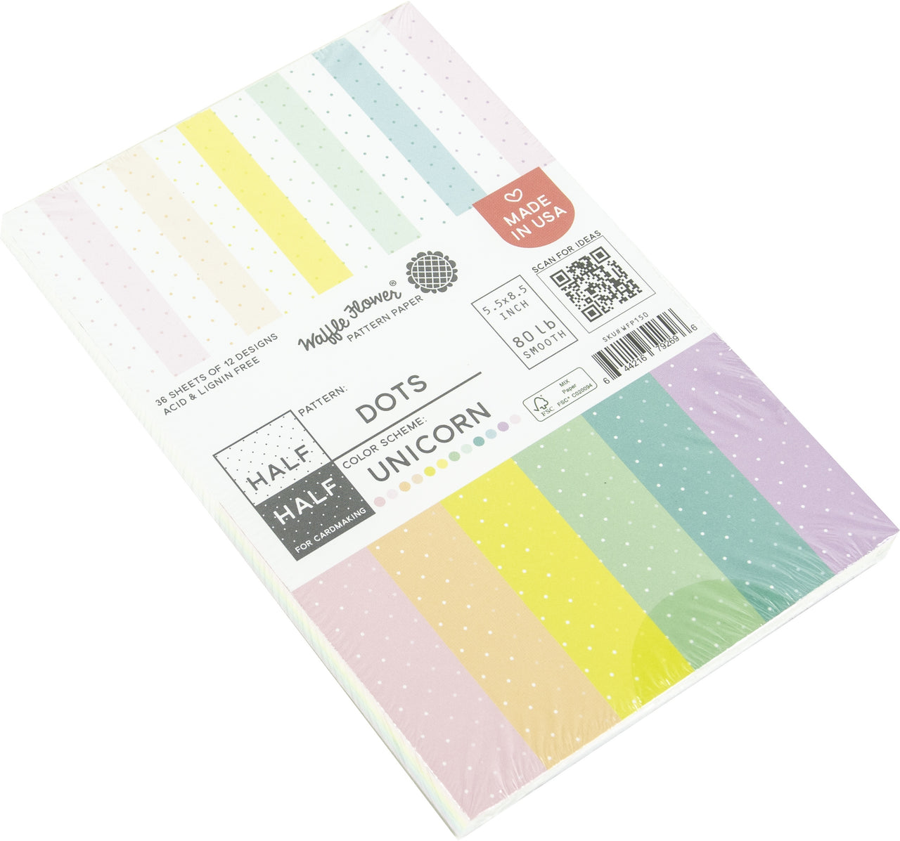 Waffle Flower Crafts Waffle Flower 80lb Single-Sided Paper Pad 5.5"X8.5" 36/Pkg - Half Dots/Unicorn, 12 Designs/3 Each