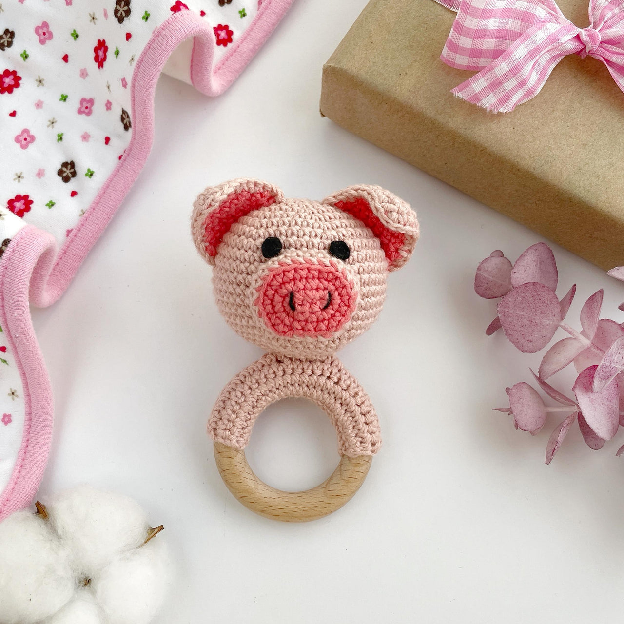 Pig crochet pattern baby rattle toy Amigurumi teether ring