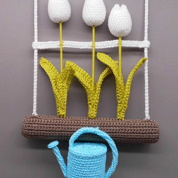 Tulips & watering cans hanging decoration - simple from scraps of yarn
