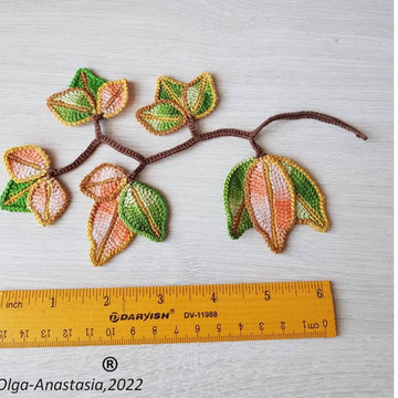 Crochet autumn decor, bright branches with leaves