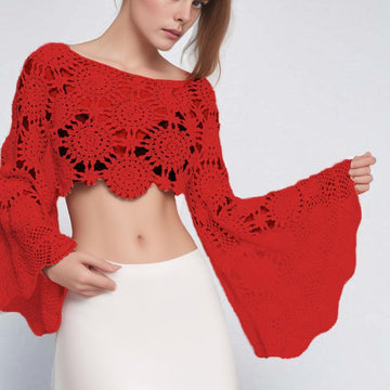 Boho Crochet Crop Top – Festival Bell Sleeve Sweater
