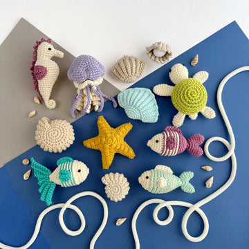 12 in 1 Ocean crochet pattern bundle Amigurumi keychain and Bag charm PDF Turtle Jellyfish Starfish Seashell Seahorse Fish Sea life crochet
