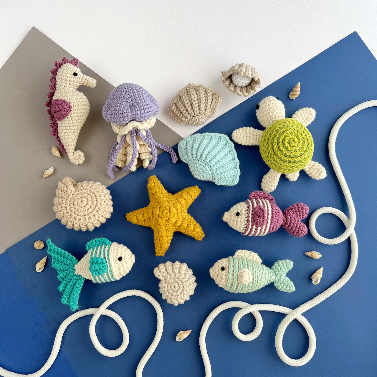 12 in 1 Ocean crochet pattern bundle Amigurumi keychain and Bag charm PDF Turtle Jellyfish Starfish Seashell Seahorse Fish Sea life crochet