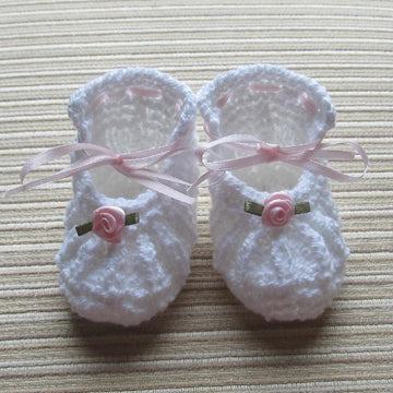 White Knitted Shoes with Small Roses 0-3 Months