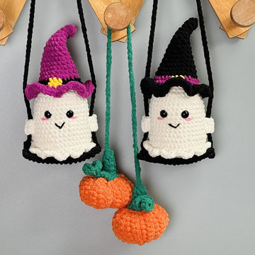 Ghost Witch Hats Sit on Swing Pumpkins crochet