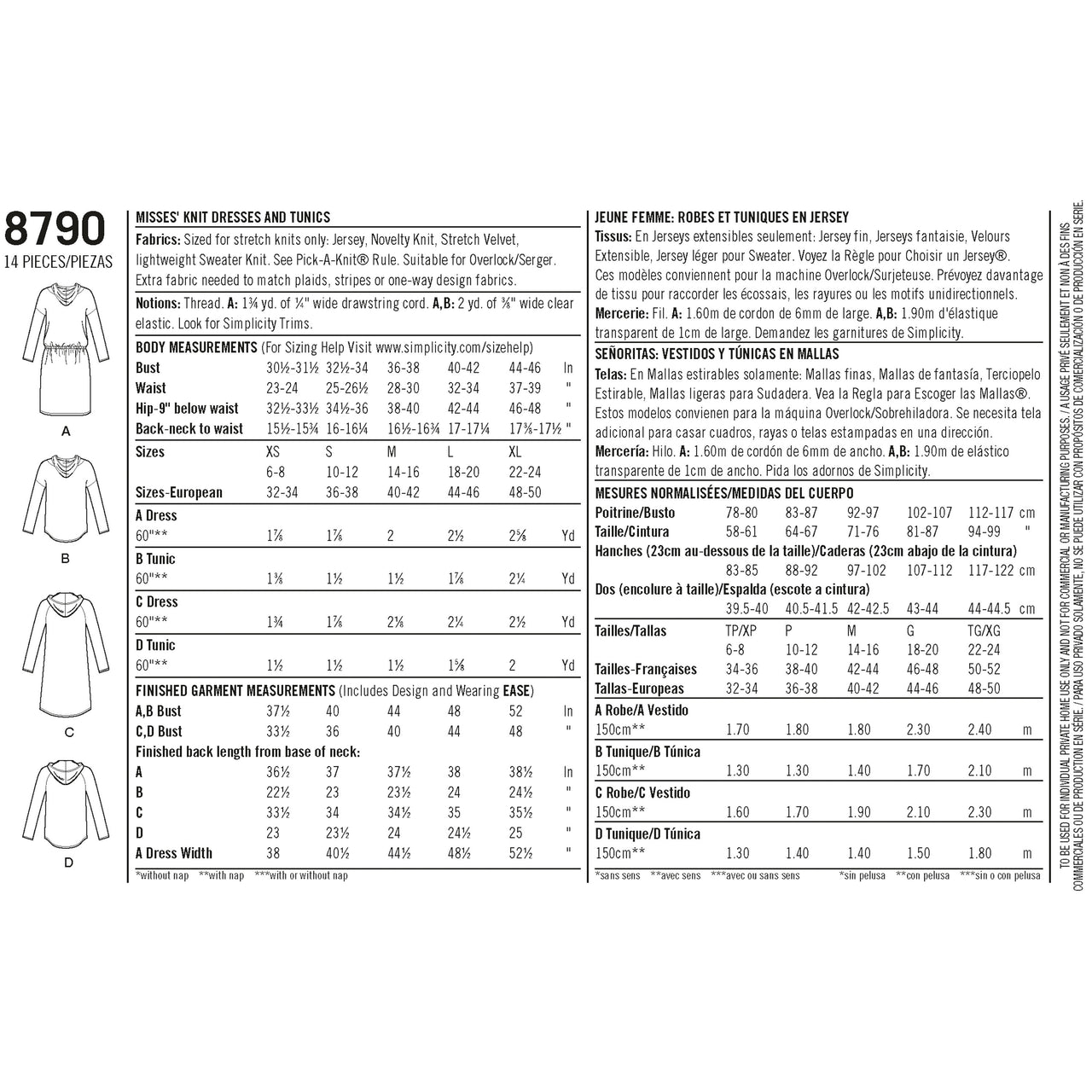 Simplicity 8790 Misses Knit Dresses and Tunics - Paper Pattern, Size A (XS-S-M-L-XL)