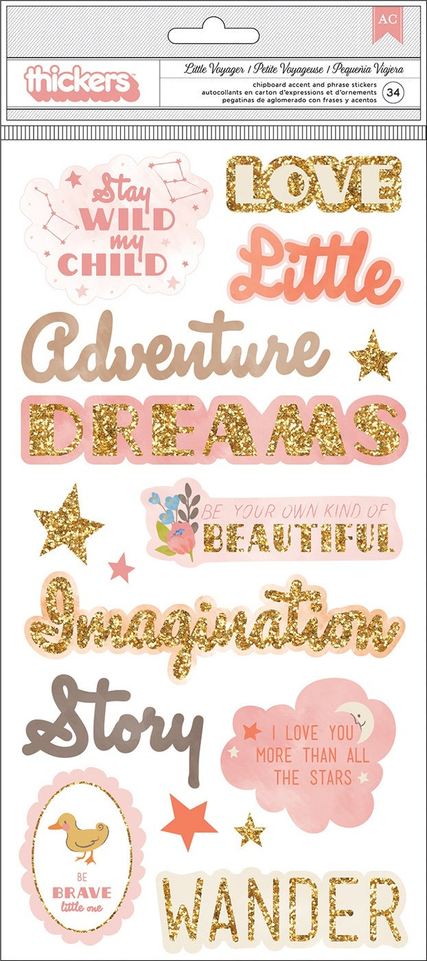 American Crafts Little Adventurer Thickers Stickers 5.5"X11" 34/Pkg - Girl Phrase & Icons/Chipboard
