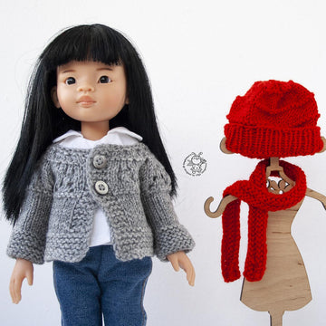 Outfit Red and gray for 13" dolls knitted flat