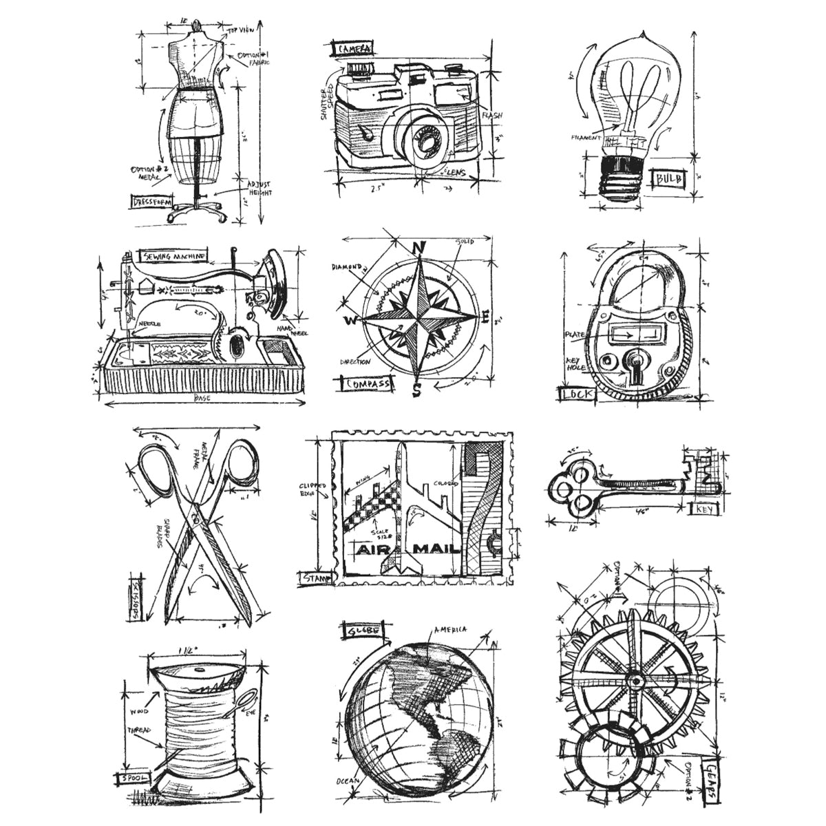 Stampers Anonymous Tim Holtz Cling Stamps 7"X8.5" - Mini Blueprints #3
