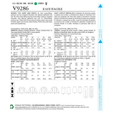 Vogue Misses' Tops, Straight Skirt, and Pants V9286 - Sewing Pattern