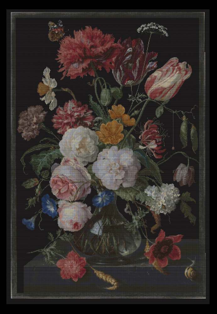 Thea Gouverneur Bv Still Life with Flowers in a glass Vase Cross Stitch Kit (18 count Black Aida) - 72cm x 49cm