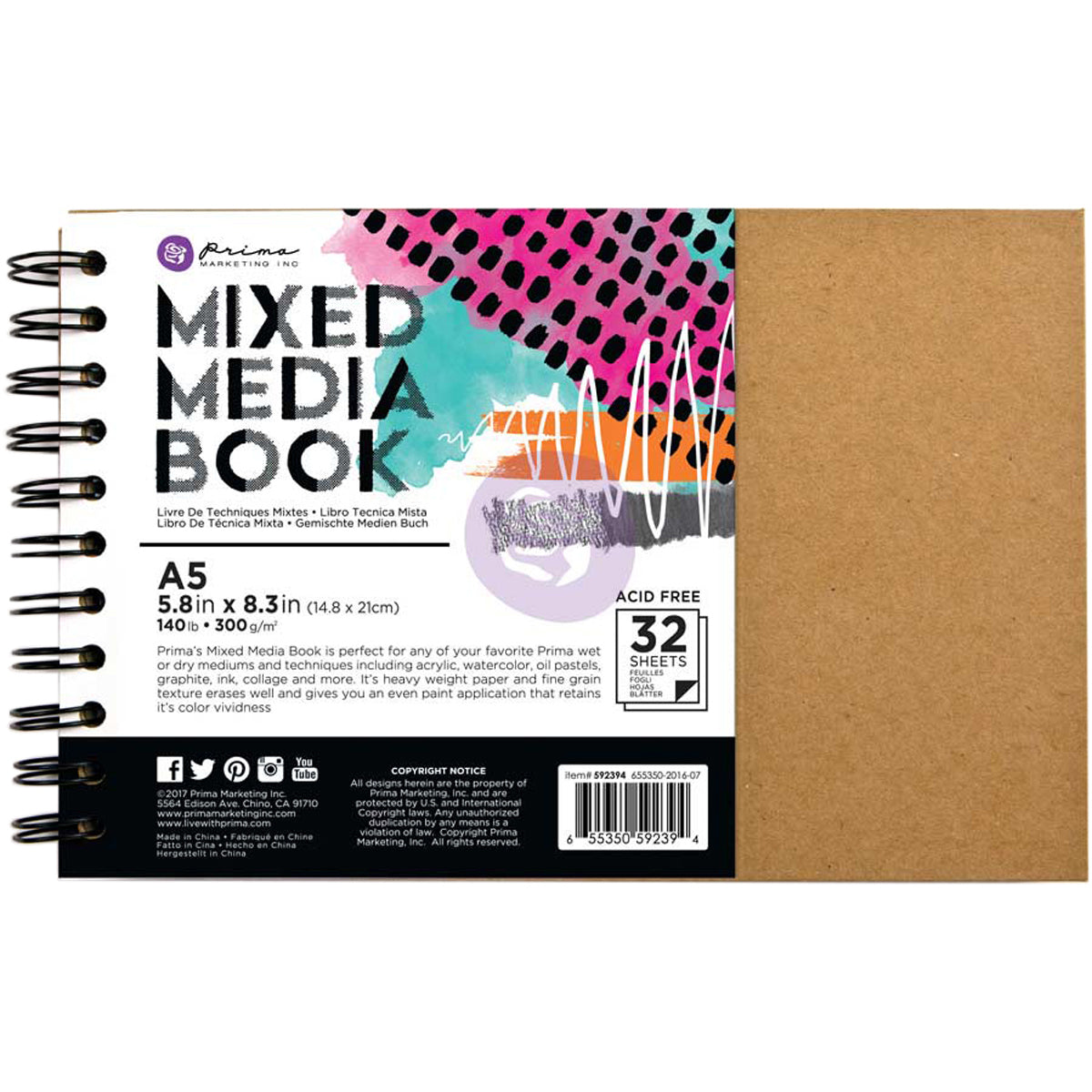Prima Marketing Mixed Media A5 Spiral Bound Kraft Book - W/32 Pages