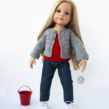 Gray and red outfit  knitted flat for 18in doll