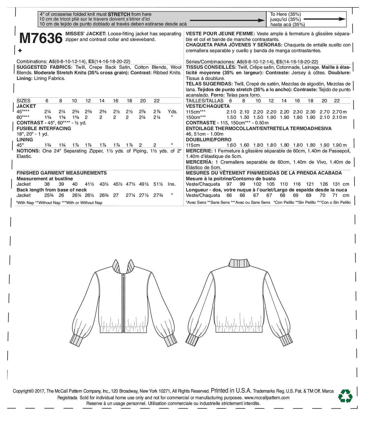 McCall's Misses' Bomber-Style Jacket M7636 - Sewing Pattern