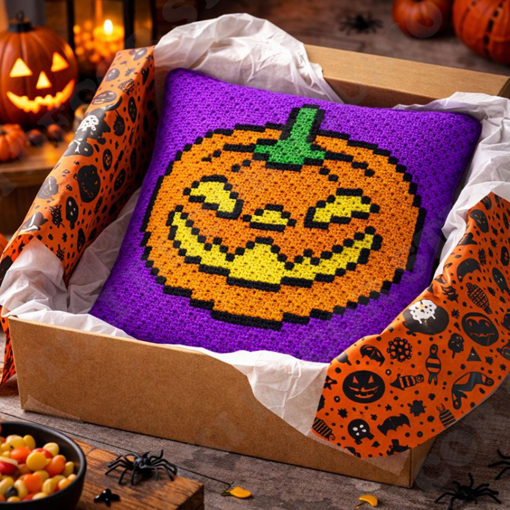 Halloween Pumpkin Pillow Smile Spooky Mini C2C Diagonal Crochet Pattern PDF