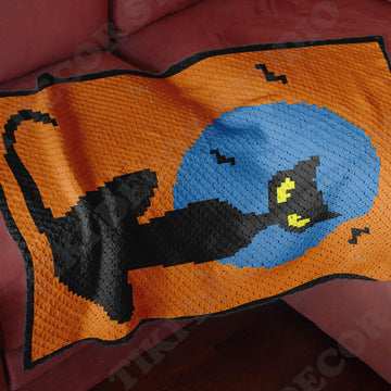 Home Decor Spooky Throw Halloween Black Cat Orange Blanket C2C Crochet Pattern