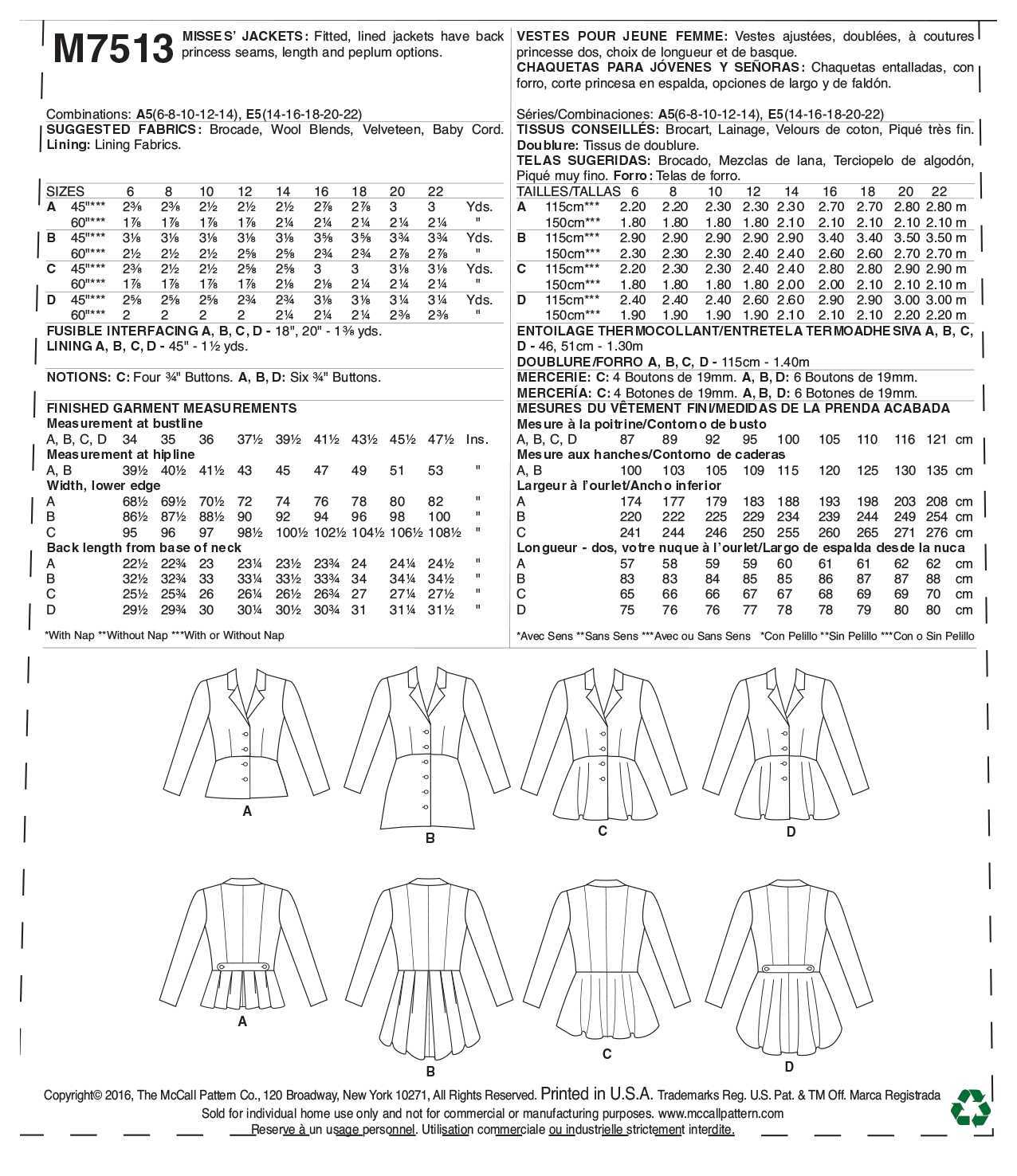 McCall's Misses' Notch-Collar, Peplum Jackets M7513 - Sewing Pattern
