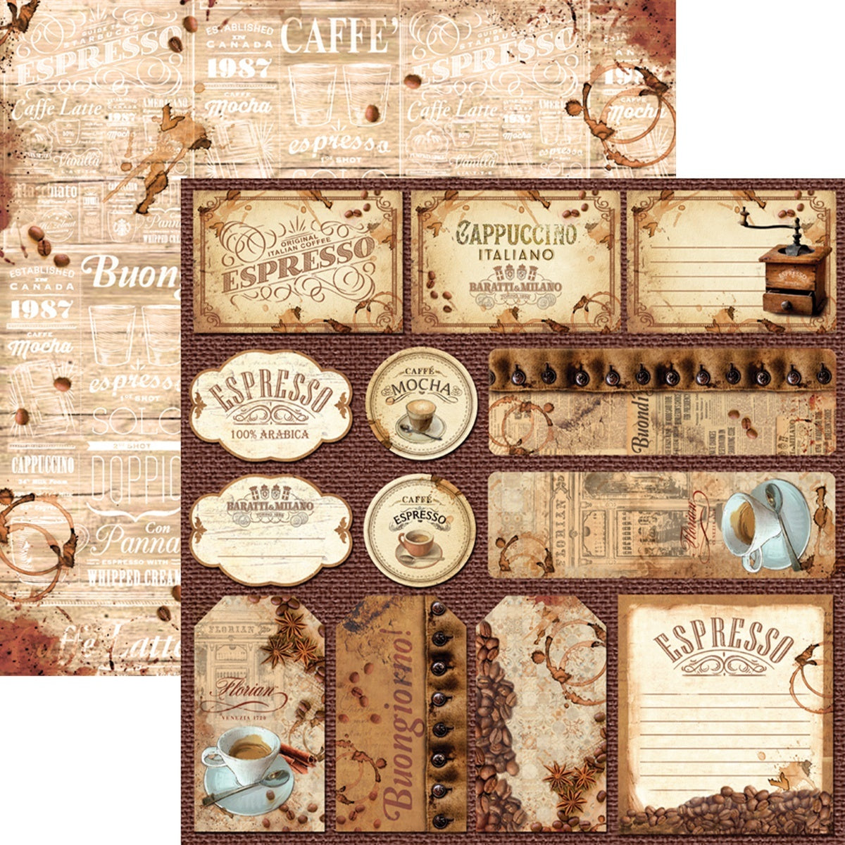 Ciao Bella Double-Sided Cardstock 90lb 12"X11.6" 10/Pkg - Caffe Macchiato, Buongiorno Italiano