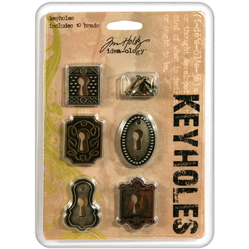 Advantus Idea-Ology Metal Keyholes W/Brads .75"X1" To 1"X1.5" 5/Pkg - Antique Nickel, Brass & Copper